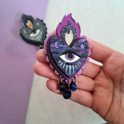 Flaming Heart Statement Brooch by Cherryloco PURPLE